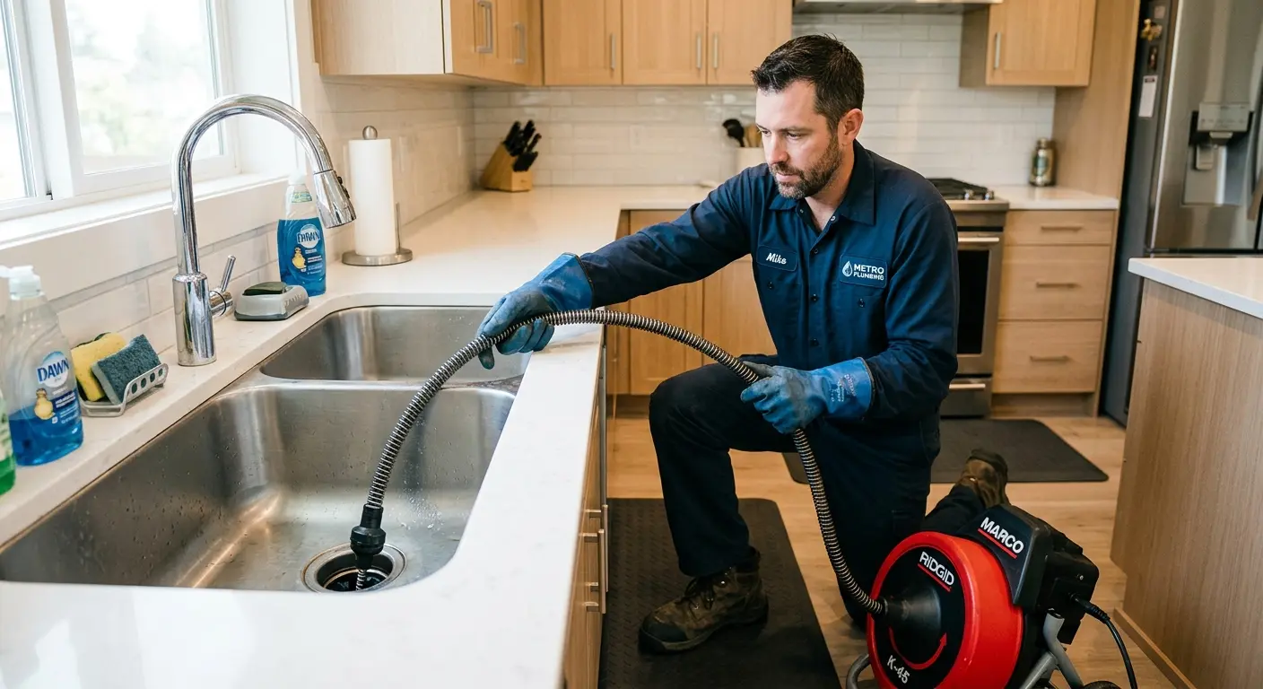 Drain cleaning technician using a motorized snake on a kitchen sink in Spanish Fort