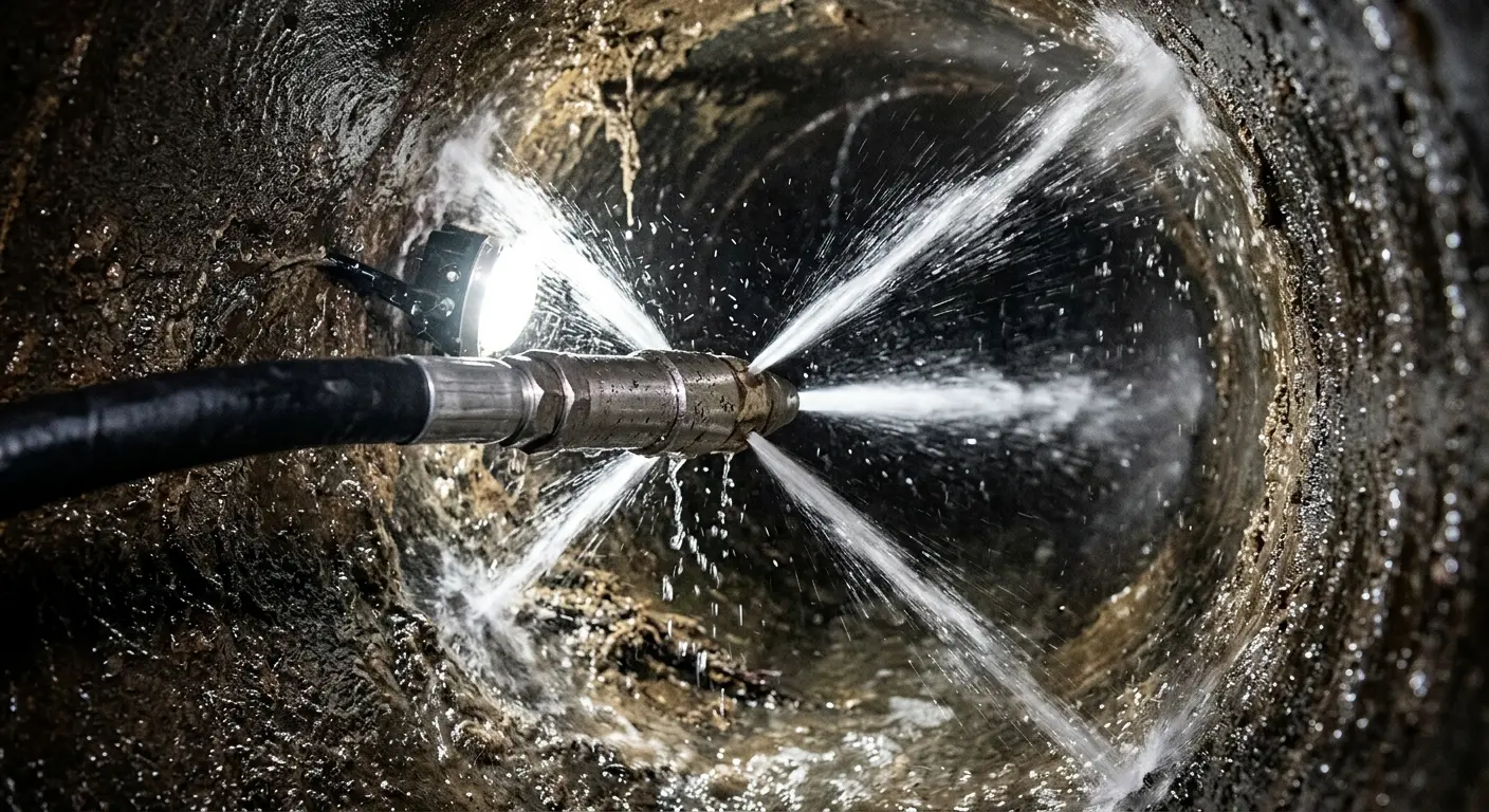 High-pressure hydro jetting nozzle cleaning sewer pipe for Emergency Drain Service in Spanish Fort