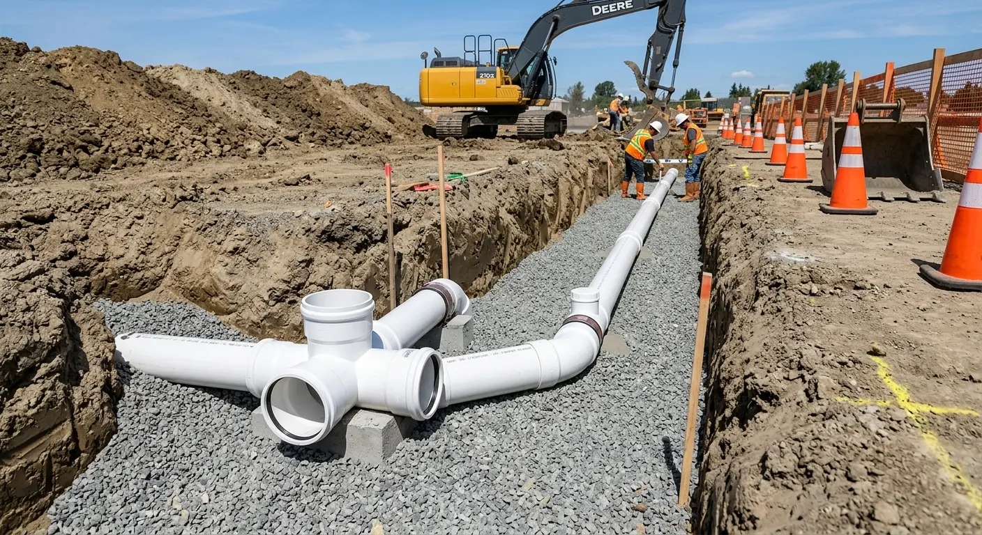 New PVC sewer pipe installation in open trench for Sewer Backup in Spanish Fort