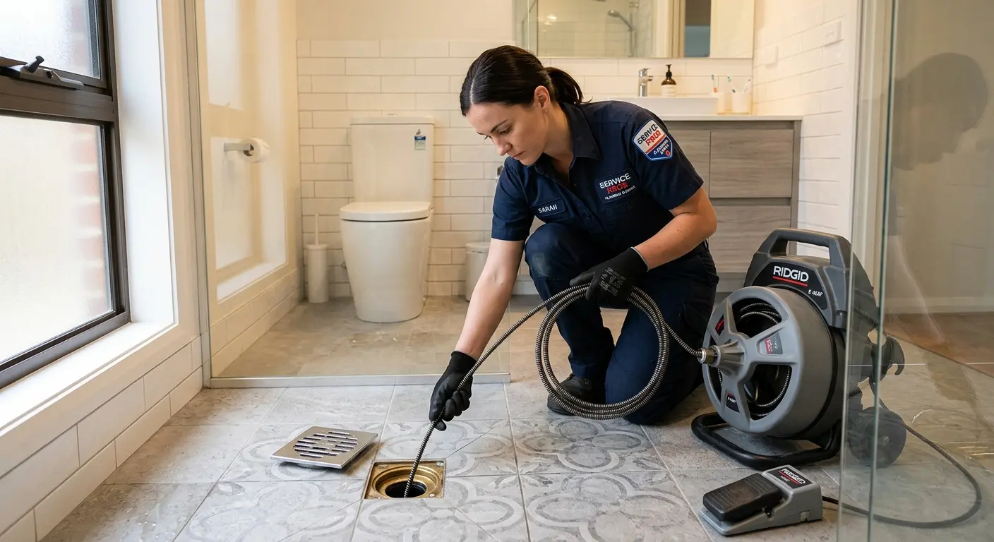 Technician clearing a bathroom floor drain for Hydro Jetting in Spanish Fort